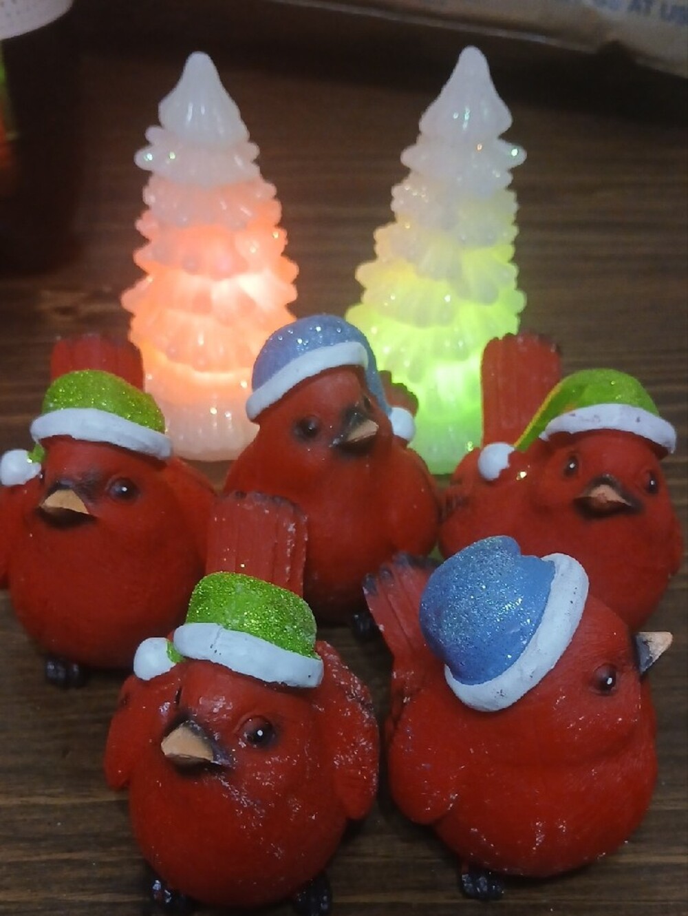 Festive Red Cardinal Tabletop Figurines with Green Hats - Holiday Décor